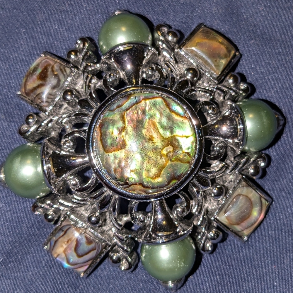 Joan Rivers Large Maltese Brooch Pin Green Faux Pearls Abalone